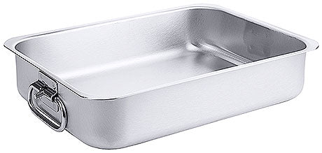 Edelstahl-Gastronormbehälter mit Griffen.