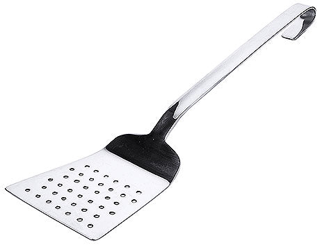 Perforierter Edelstahl-Pfannenwender mit Haken.