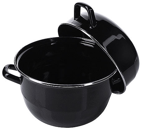 Schwarzer Kochtopf mit Deckel.