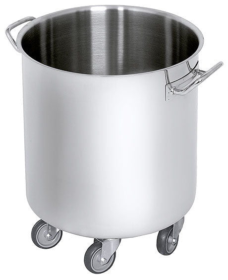 Großer Edelstahl-Topf auf Rollen.