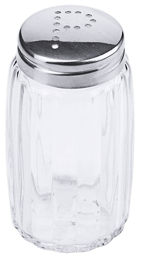 Salzstreuer aus Glas und Metall.
