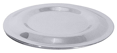 Silberner, runder Servierteller aus Metall.