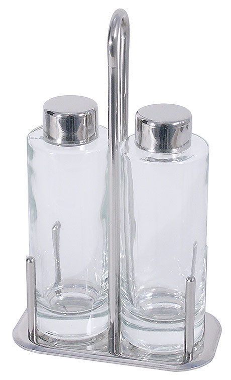 Öl- und Essigspender im Halter.