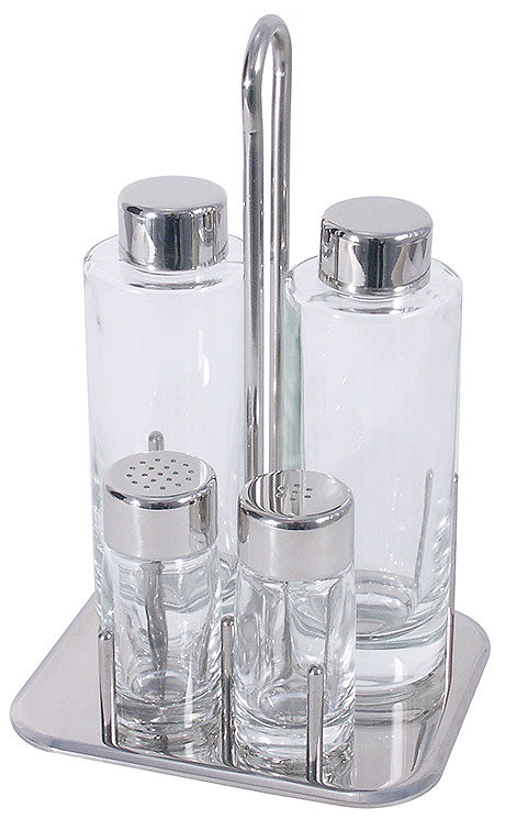 Gewürzständer mit Glasbehältern.