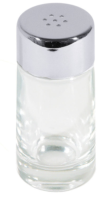 Salzstreuer aus Glas und Metall.