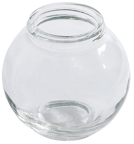 Rundes, leeres Glasgefäß.