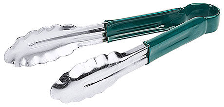 Grüne Küchenzange aus Metall.