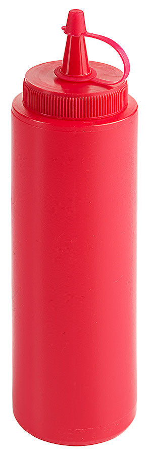 Rote Saucenflasche mit Deckel.