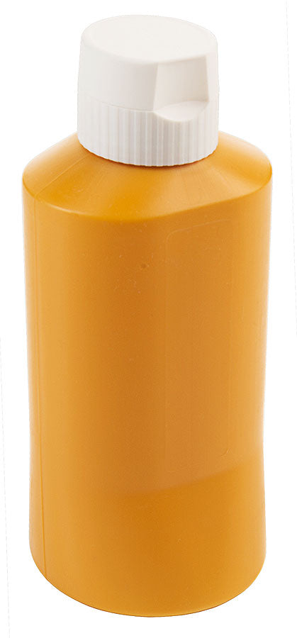 Gelbe Flasche mit weißem Deckel.