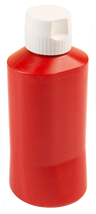 Rote Plastikflasche mit weißem Deckel.