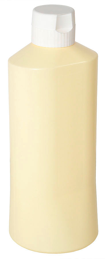 Gelbe Plastikflasche mit Verschluss.
