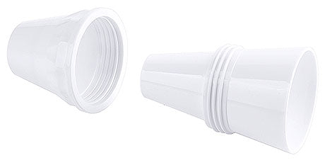 Zwei weiße Kunststoff-Adapter.