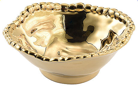 Goldene Schüssel mit Perlenrand.