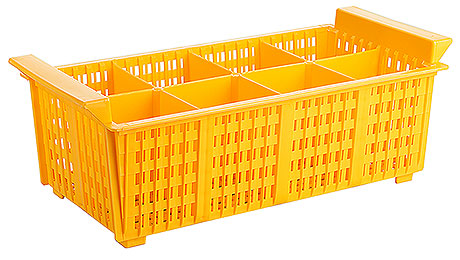 Gelbe Kunststoff-Gläserkorb mit Fächern.