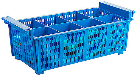 Blauer Kunststoffkorb mit Fächern.