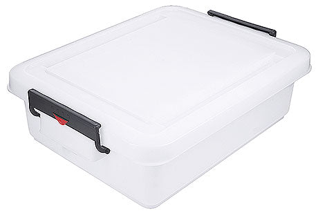 Weiße Kunststoffbox mit Deckel.