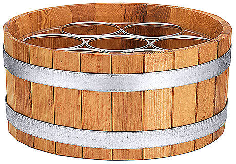 Holzfass mit Flaschenhaltern.