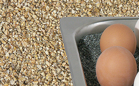 Eier in Edelstahlbehälter, Granulat.
