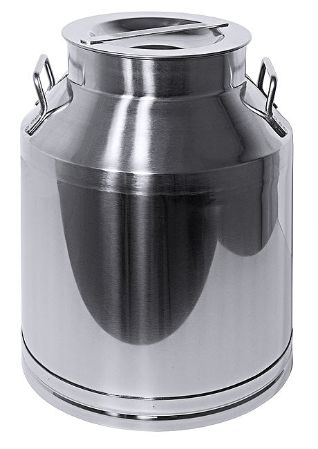 Edelstahl-Milchkanne mit Deckel.