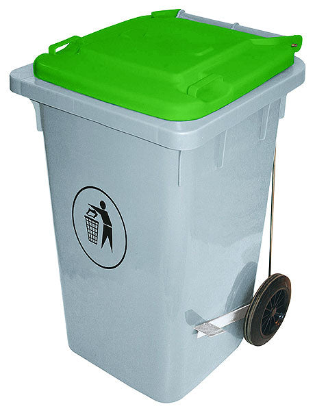 Mülltonne mit grünem Deckel.