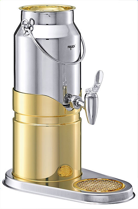 Getränkespender aus Edelstahl und Gold.