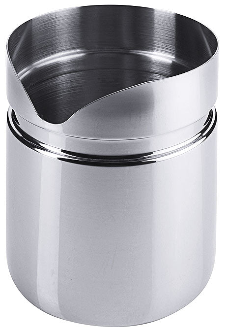 Edelstahlbehälter mit Ausgussöffnung.