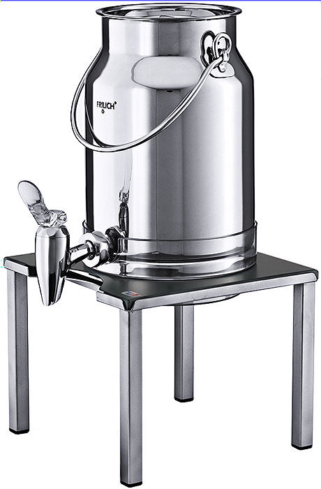 Edelstahl-Getränkespender auf Gestell.