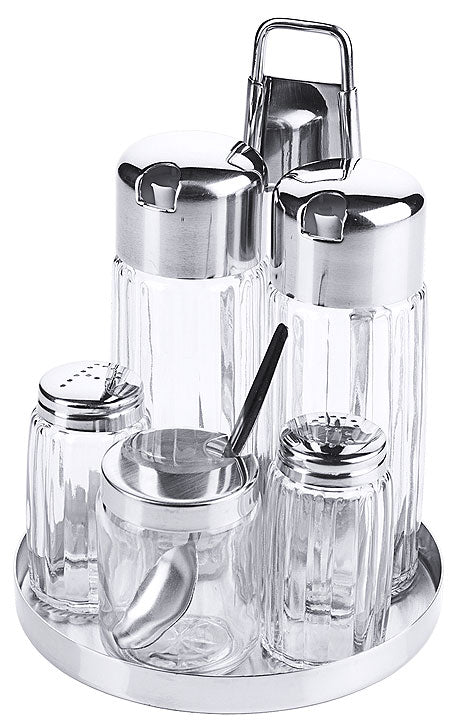 Gewürzständer mit Glasbehältern.