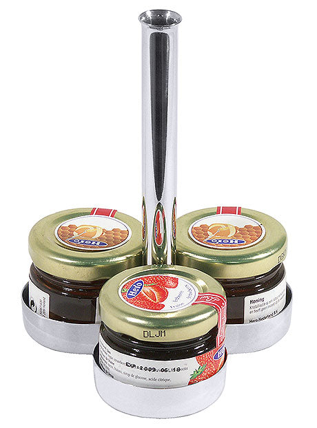 Drei Marmeladengläser in Halterung.