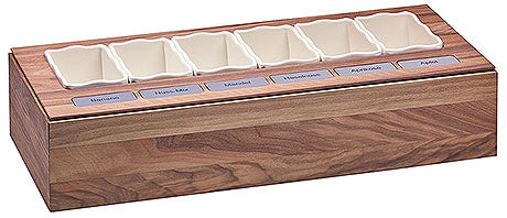 Holzbox mit sechs Fächern.