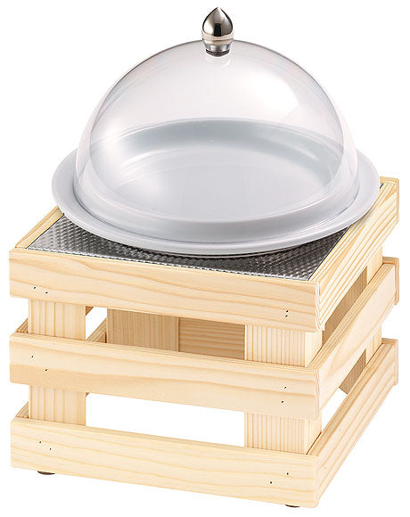Holzständer mit Glashaube für Speisen.