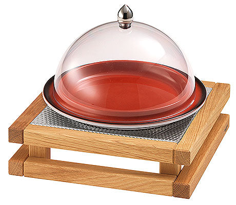 Holztablett mit Glashaube und Teller.