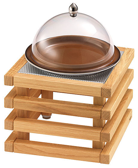 Holzständer mit Glashaube und Teller.
