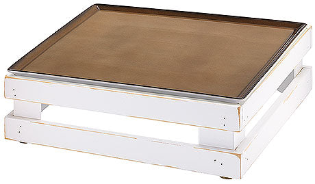 Holztablett auf weißem Gestell.