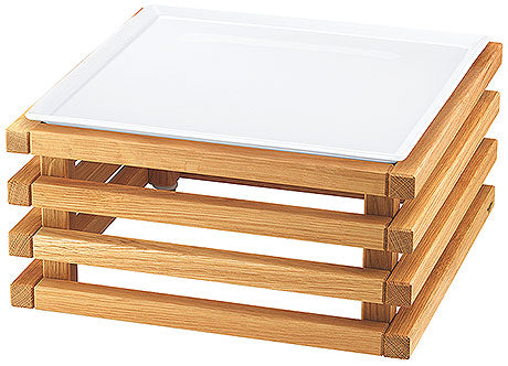 Holzgestell mit weißem Tablett.