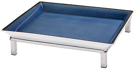 Rechteckige blaue Servierplatte mit Gestell.