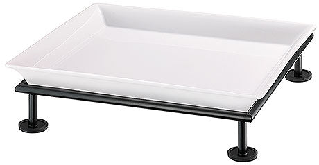 Weiße Schale auf schwarzem Gestell.