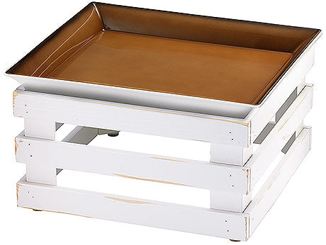 Holztablett auf weißem Gestell.