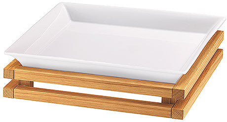 Weiße Schale auf Holzgestell.