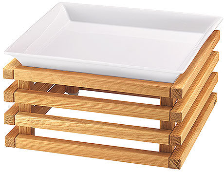 Holzgestell mit weißer Schale.