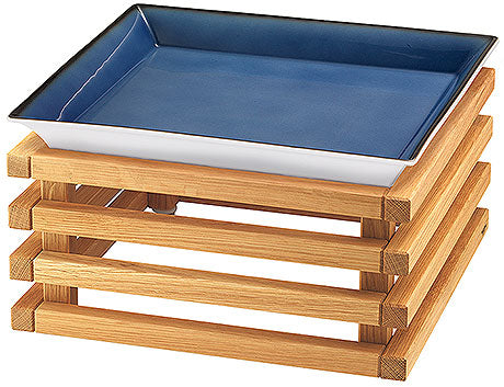 Holzgestell mit blauer Schale.