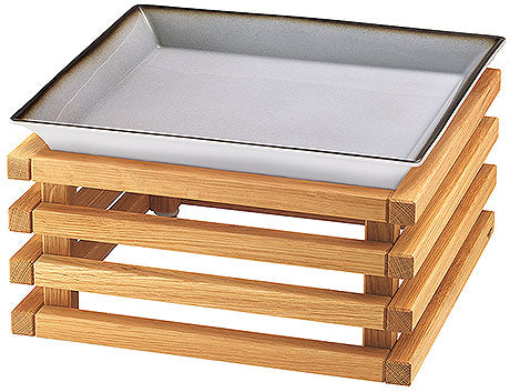 Tablett auf Holzgestell.