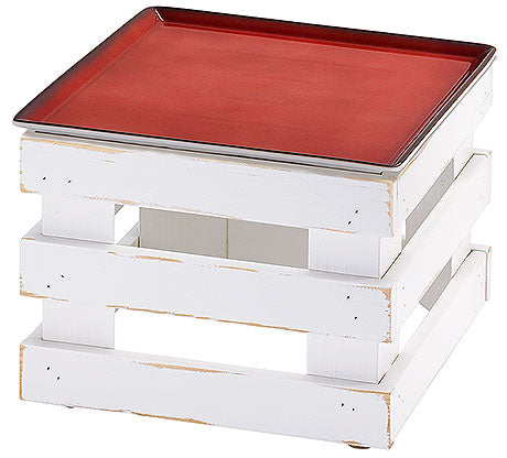 Weiße Holzbox mit rotem Tablett.