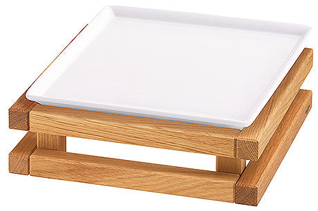 Holzgestell mit weißem Tablett.