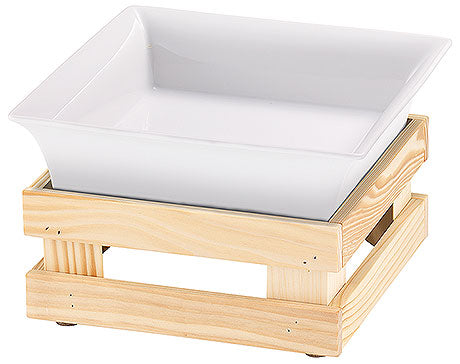 Weiße Schale auf Holzgestell.