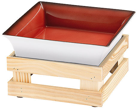 Schale auf Holzgestell, rot-weiß.