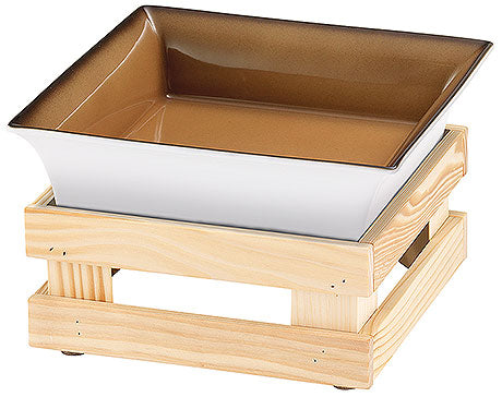 Holzgestell mit quadratischer Schale.