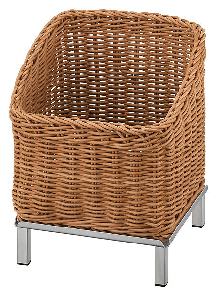 Geflochtener Korb auf Metallgestell.