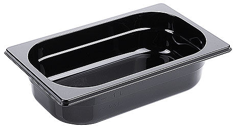 Schwarze GN-Behälter aus Kunststoff.