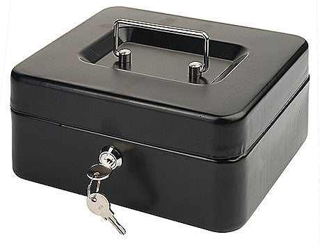 Schwarze Geldkassette mit Schlüsseln.